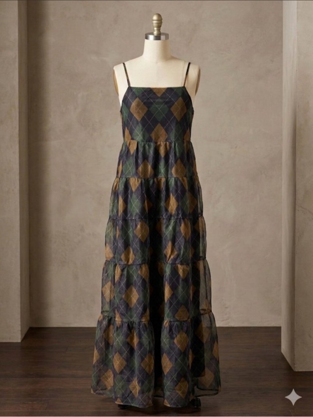Sugarlips Argyle Organza Tiered Maxi Dress — XS